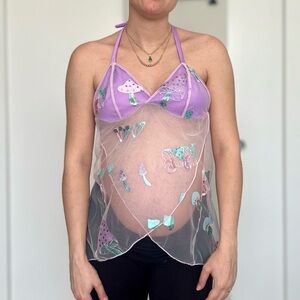 Handmade Y2K Fairycore Cottagecore Mushroom Embellished Halter Babydoll Vest Top